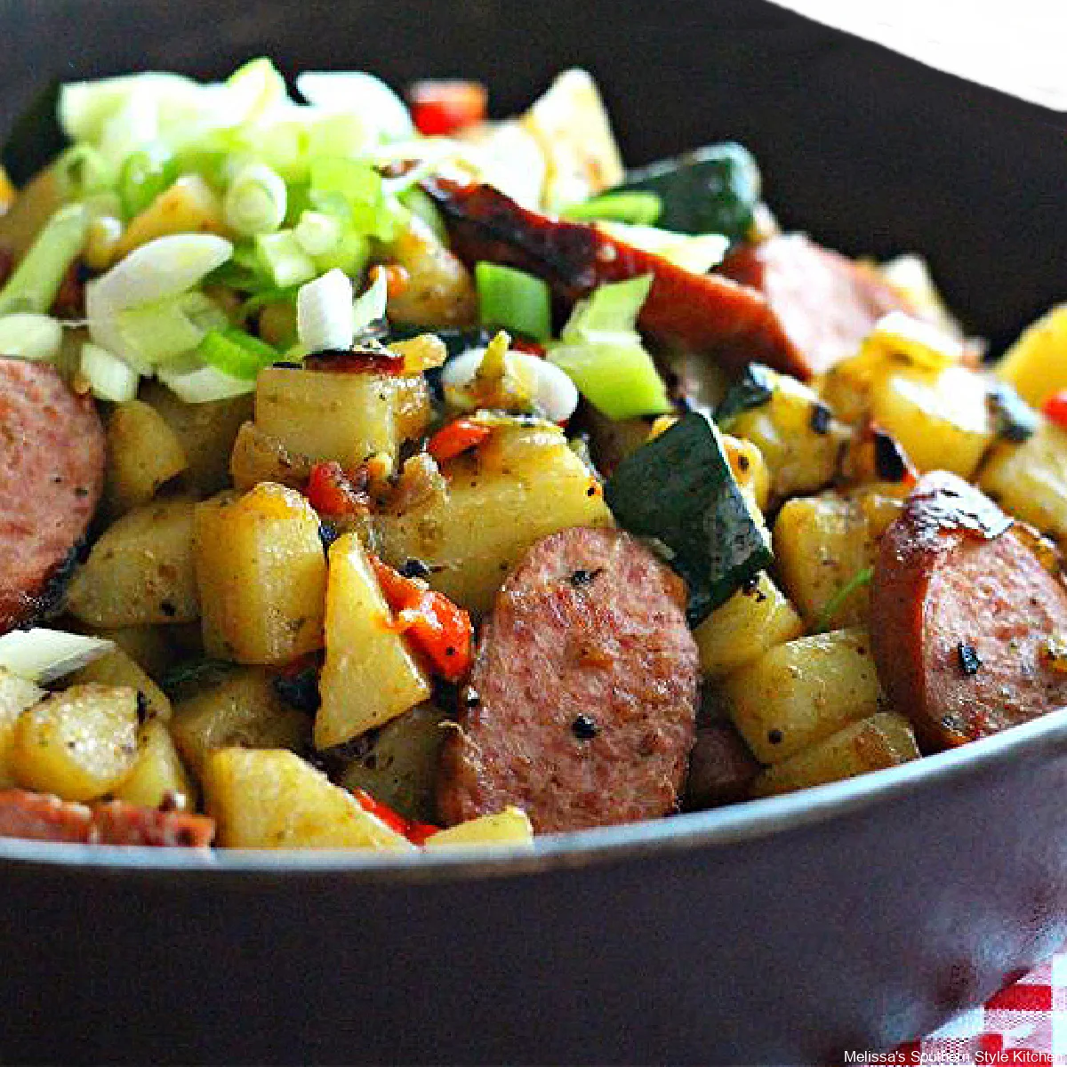 Skillet Potato Hash with Zucchini and Smoked Sausages
