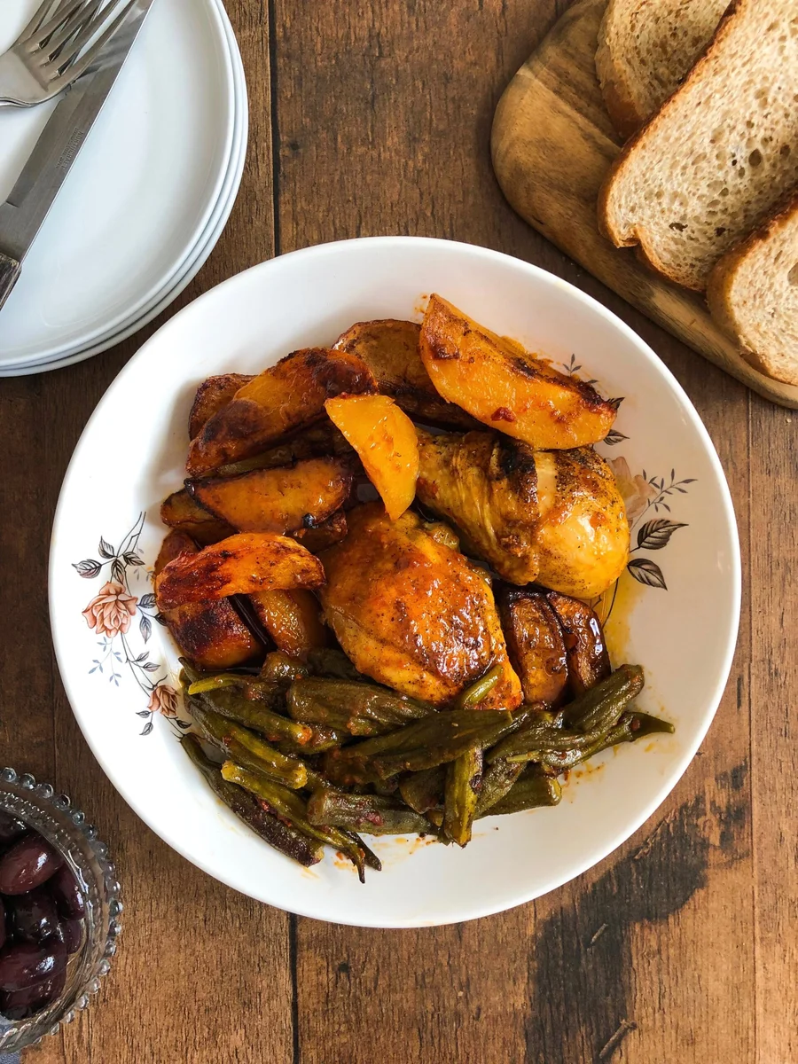 Stewed rooster with okra and potatoes
