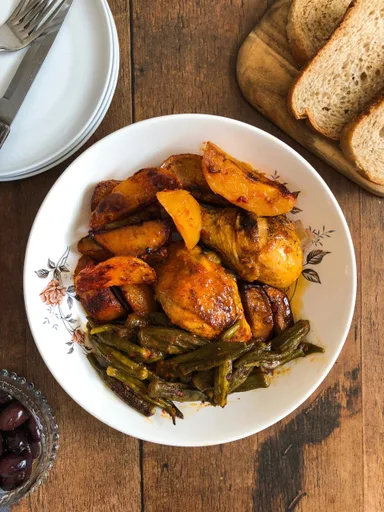 Stewed rooster with okra and potatoes