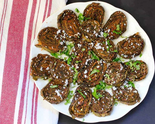 Layered Swiss Chard spirals {Aloo Vadi}