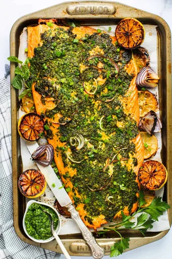 Baked Salmon with Fresh Herb Chutney