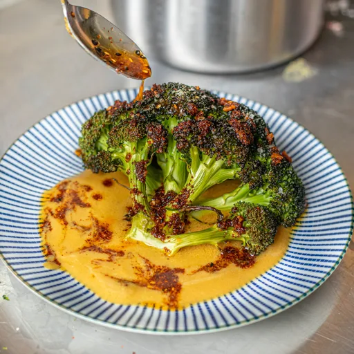 Roast Broccoli with Tahini Dressing and Sesame Chilli Crisp