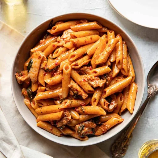 Pasta con pollo y tomates secos