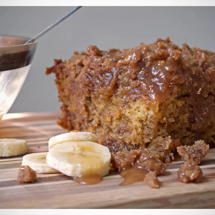 Banana Crumb Cake with Caramel Rum Sauce
