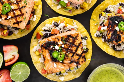 Salmon Tostadas with Black Beans and Rice