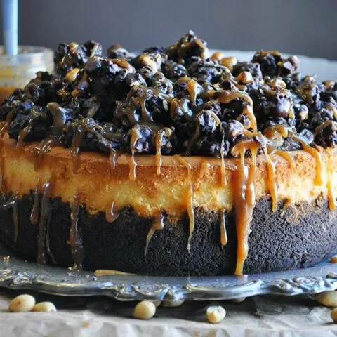 Peanut Butter Cheesecake with Chocolate Peanut Butter Crunch Topping