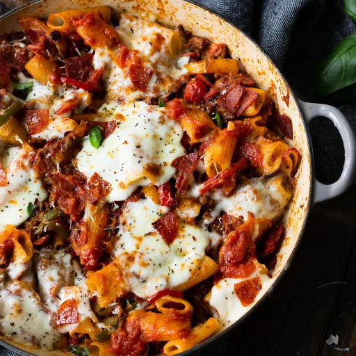 Rigatoni definitivo con salchicha italiana y pimientos