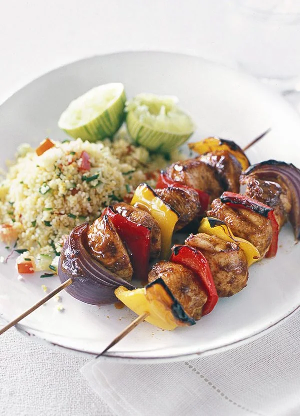 Patrick William’s jerk chicken brochettes with saffron couscous