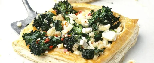 Purple sprouting broccoli, chilli and feta tarts
