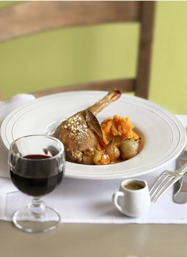 Roast duck legs with sweet potato mash