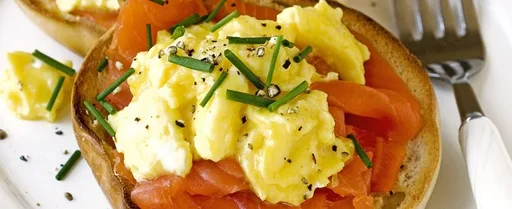 Scrambled egg, smoked trout and chive bagels