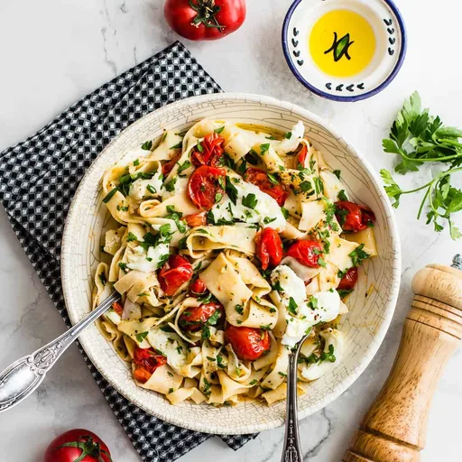 Pasta con tomates cherry y mozzarella fresca