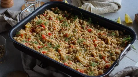 Arroz cremoso al horno con limón y eneldo