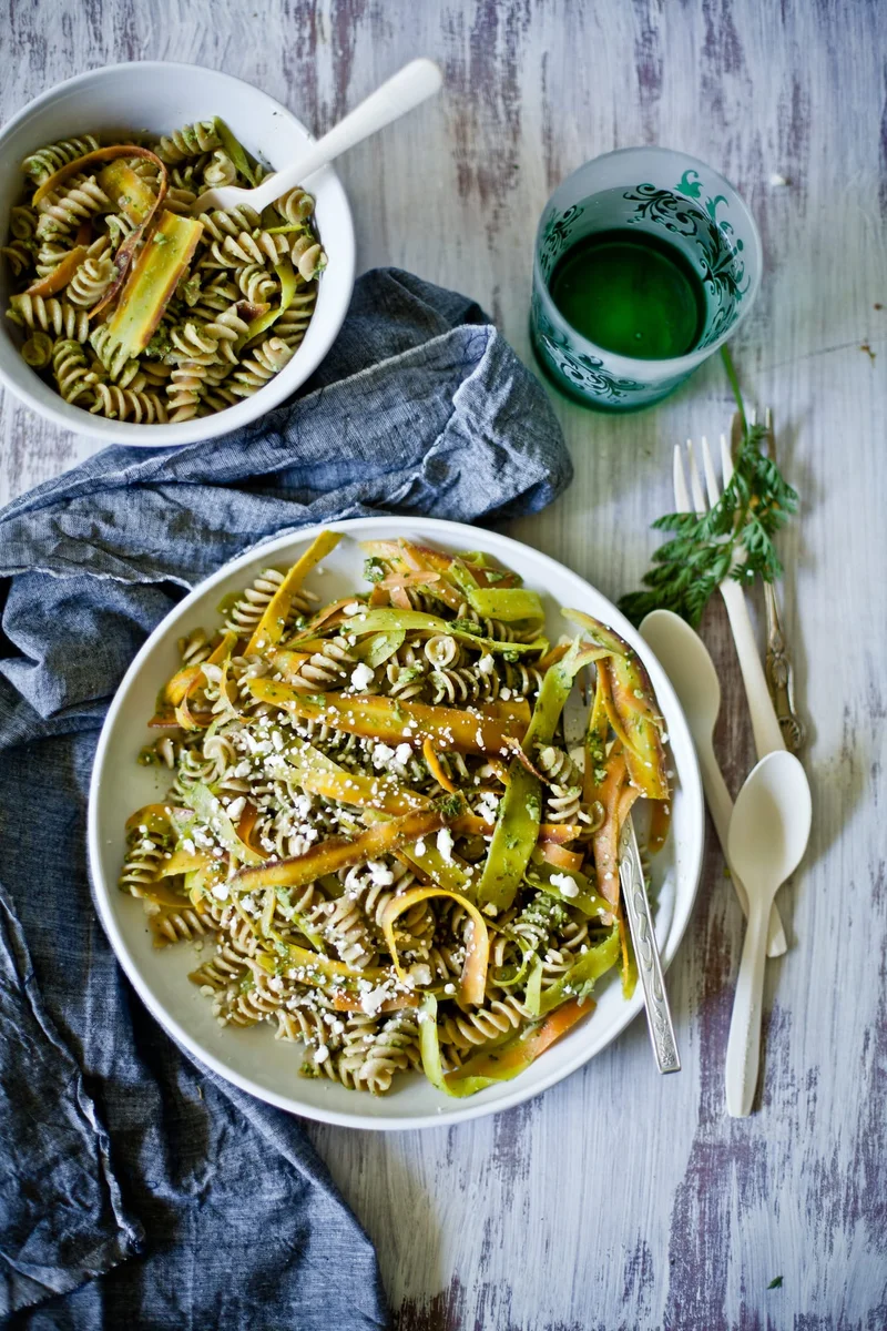 Pasta with shaved carrots and carrot green sauce