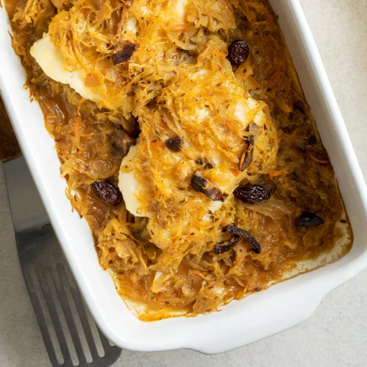 Sturgeon Fillets Baked in Sauerkraut and Wild Mushrooms