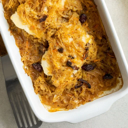 Sturgeon Fillets Baked in Sauerkraut and Wild Mushrooms