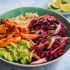 Spicy Prawn & Avocado Bowls with Red Cabbage Mango Slaw
