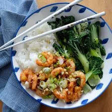 Korean Prawn Rice Bowl with Sesame Pak Choi