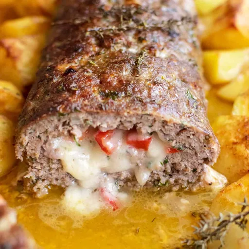 Cheese Stuffed Meatloaf (Feta, Gruyere & Roasted Red Peppers)