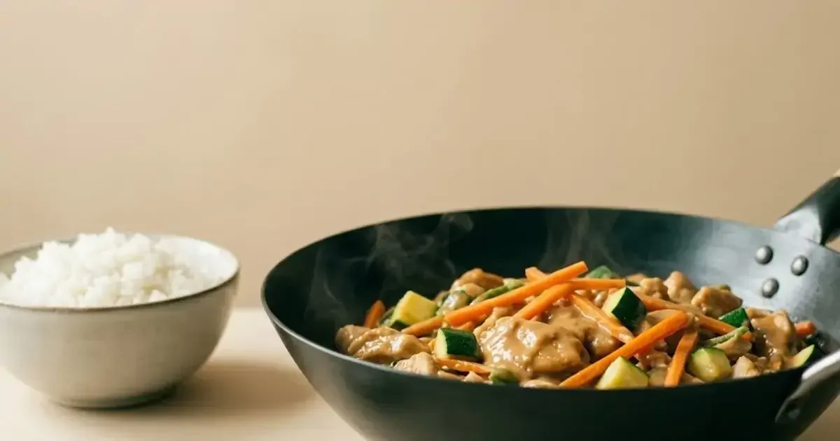 Frango salteado com molho de amendoim e arroz basmati