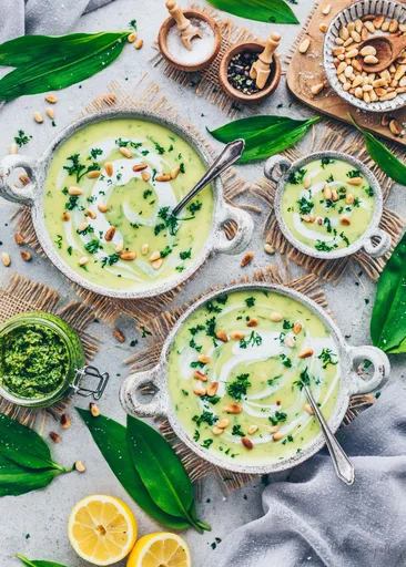 Creamy Potato and Wild Garlic Soup with Pine Nuts