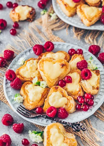Blätterteigherzen mit Vanillepudding und Himbeeren