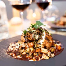 Burgundian chicken with root vegetable hash and simple red wine sauce