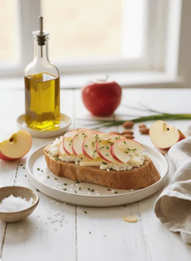 Pain de campagne, fromage de brebis, pommes et amandes