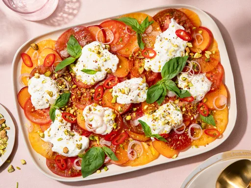 Tomato-apricot-carpaccio with stracciatella and pistachios
