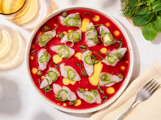 Summery sea bass crudo with cherry vinaigrette
