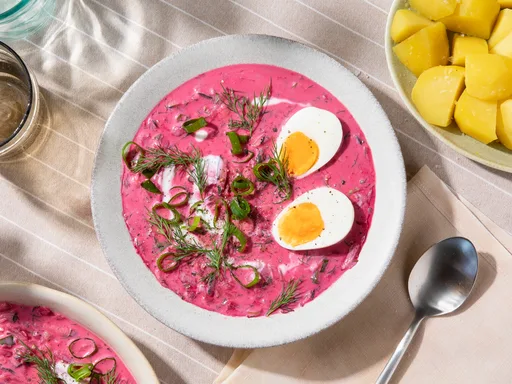 Cold red beet soup with kefir and dill