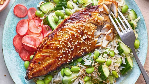 Miso mackerel with edamame rice