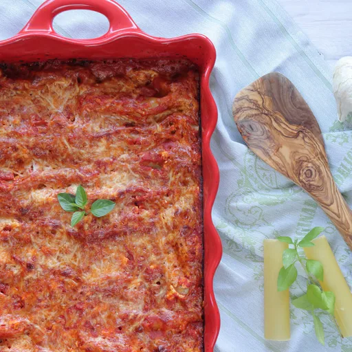 Canelones con carne picada, queso feta y salsa de tomate