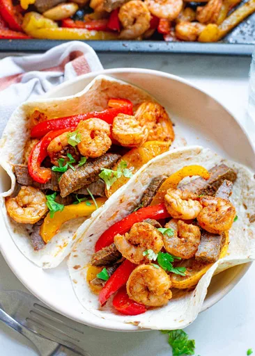 Fajitas de ternera y gambas