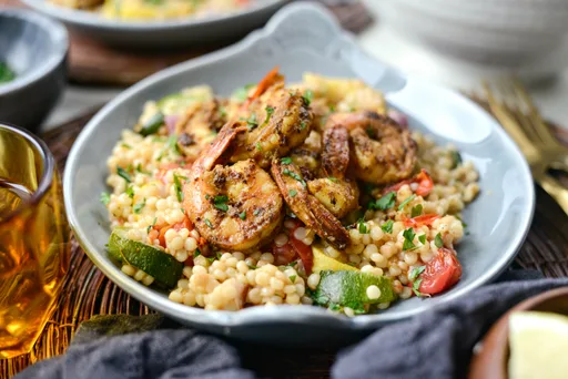 North African Shrimp with Roasted Summer Vegetable Israeli Couscous