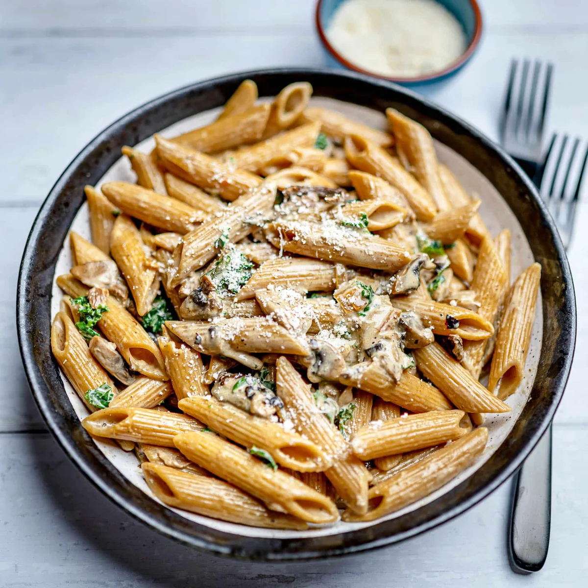 Creamy Mushroom Pasta with Parmesan and Kale