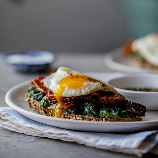 Tostada de desayuno con beicon, huevo y espinacas a la crema