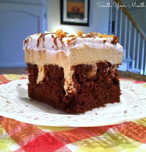 Chocolate Peanut Butter Pie Poke Cake