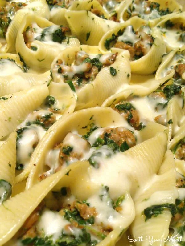Sausage and Spinach Stuffed Shells with Garlic Cream Sauce