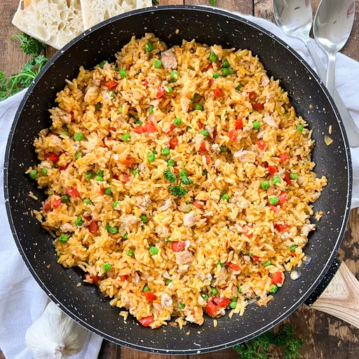 Arroz con salmón a la sartén