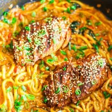 Creamy Spicy Korean Udon Noodles with Bulgogi Chicken
