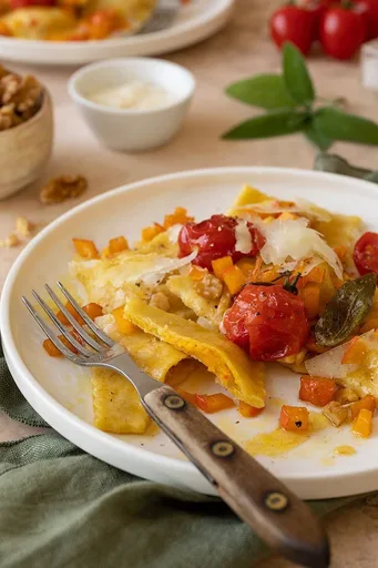 Raviolis de calabaza con mantequilla de tomate y nueces