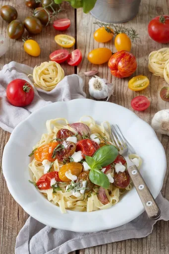 Pasta con tomates caramelizados