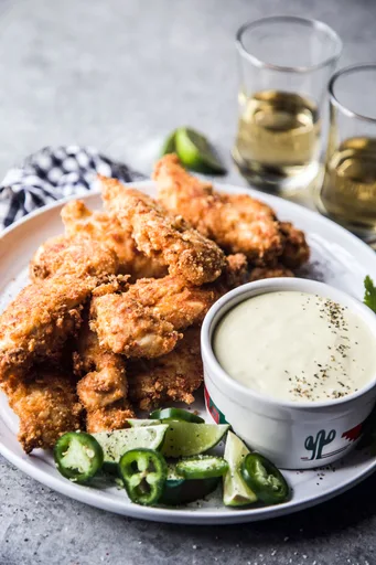 Air Fryer Chicharron Chicken Tenders with Green Chili Dipping Sauce