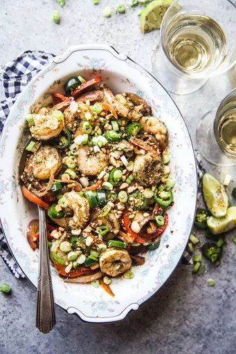 Coconut Jerk Shrimp with Spiced Peanuts