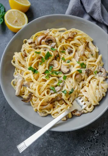 Pasta cremosa de limón y champiñones