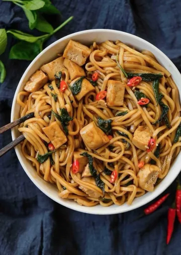 Stir- Fried Basil and Tofu Noodles with Homemade Chili Garlic Sauce