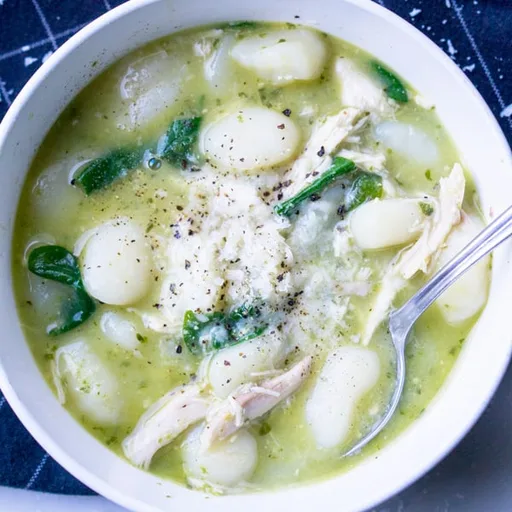Sopa de pollo al pesto con ñoquis