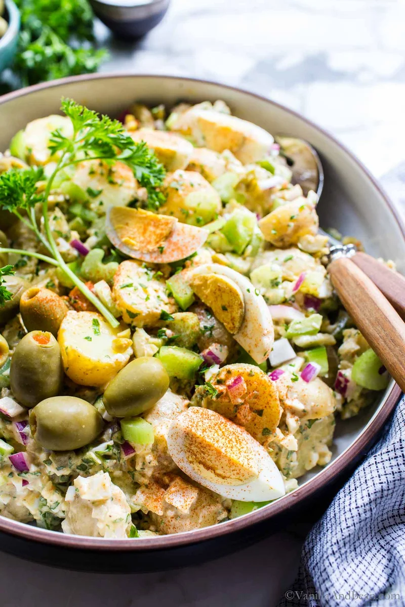 Creamy Crunchy Green Olive and Egg Potato Salad