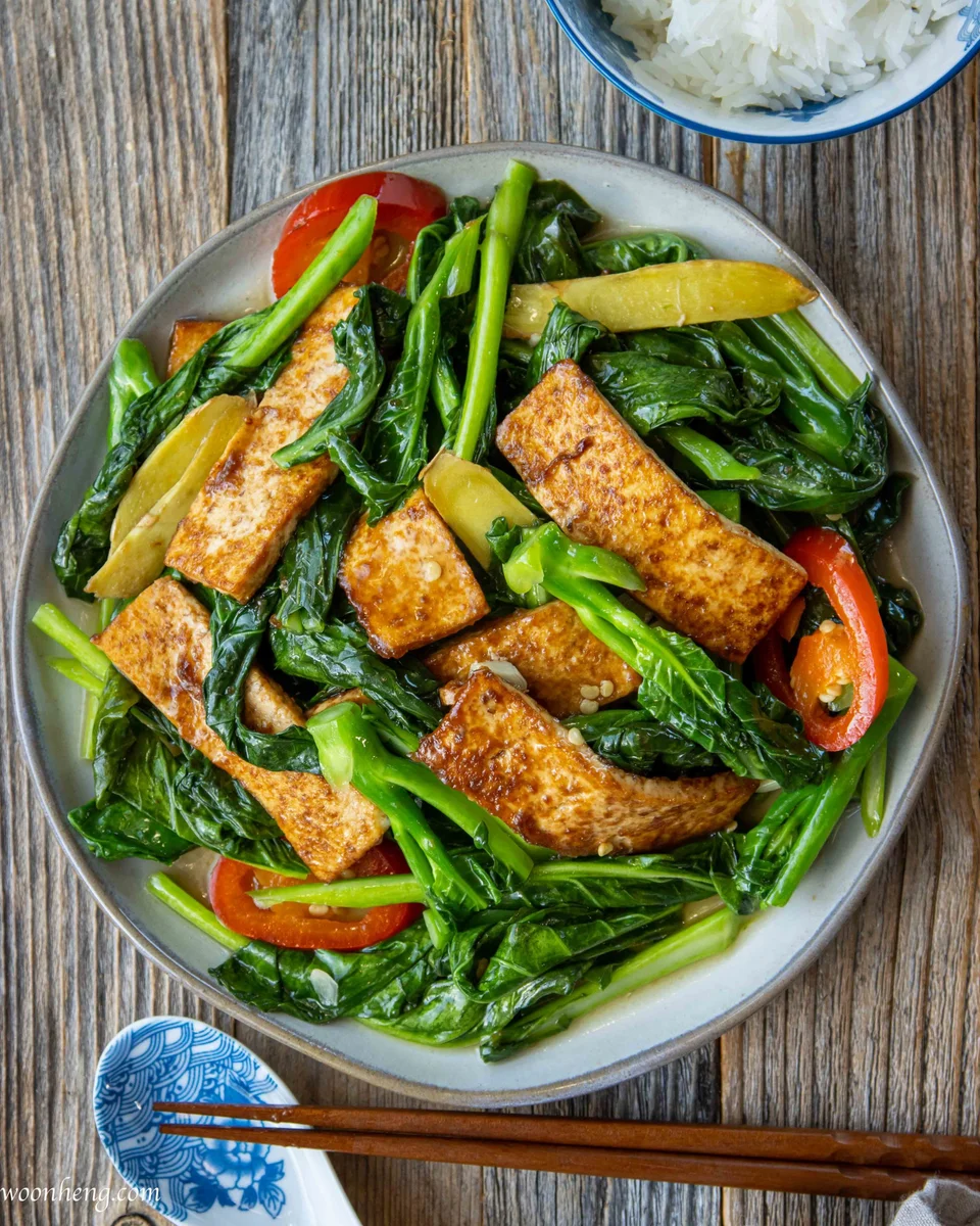 Gai lan (Chinese broccoli) with tofu stir-fry